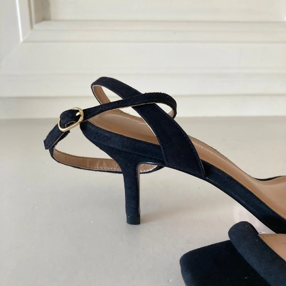 Anthropologie Square Toe Ankle Strap Black Suede Heels Sz 37